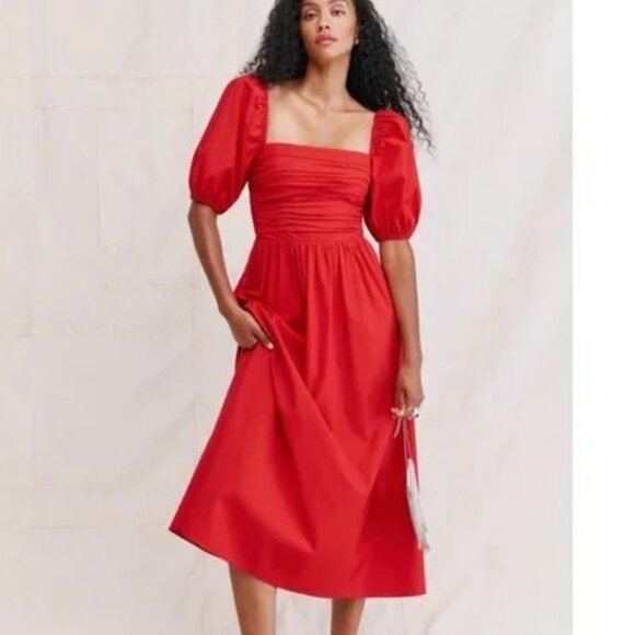 Reformation Rachelle Maxi Dress Red Puff Sleeve Organic Cotton Stretch Size 8